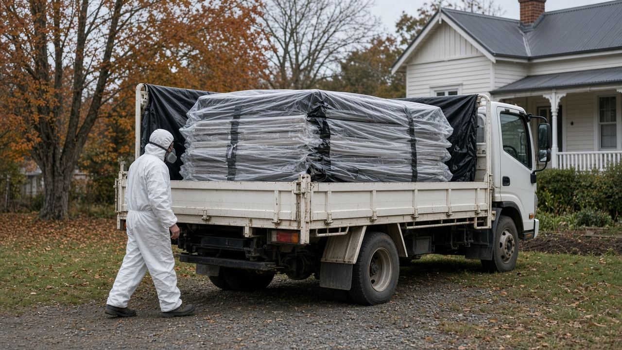 Sealed and wrapped asbestos sheets on a truck tray ready for disposal