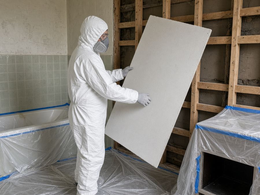 Worker in protective suit lifting an intact wall sheet in a room sealed with plastic