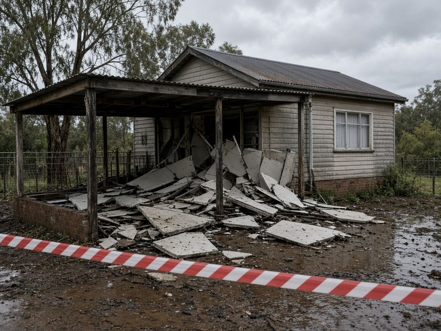 Storm-damaged fibro carport taped off with barrier tape