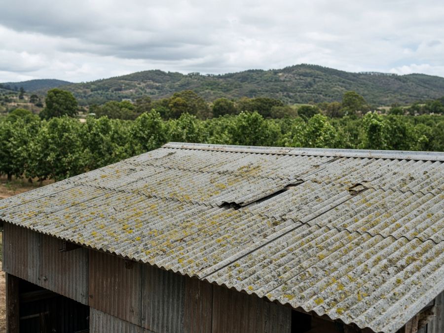 Corrugated asbestos-cement roof on a shed with orchards behind