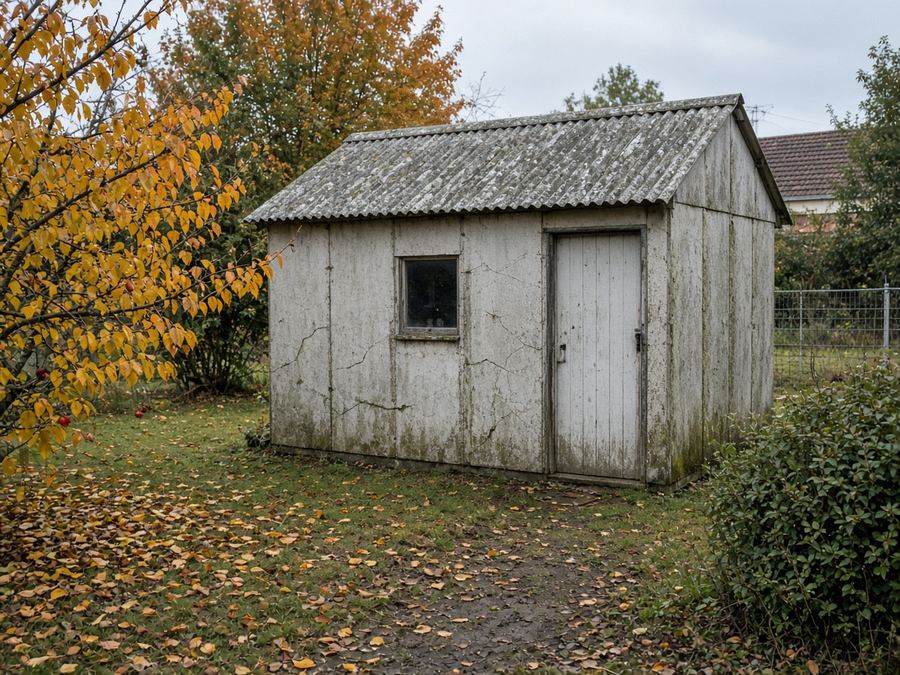 Old fibro garden shed with an asbestos-cement roof