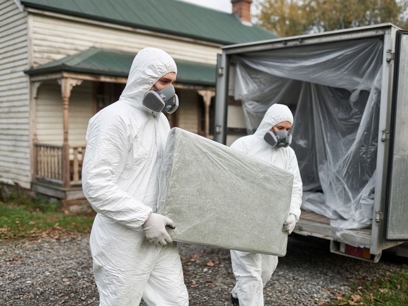 Two workers in protective suits carrying a wrapped asbestos sheet to a plastic-lined truck
