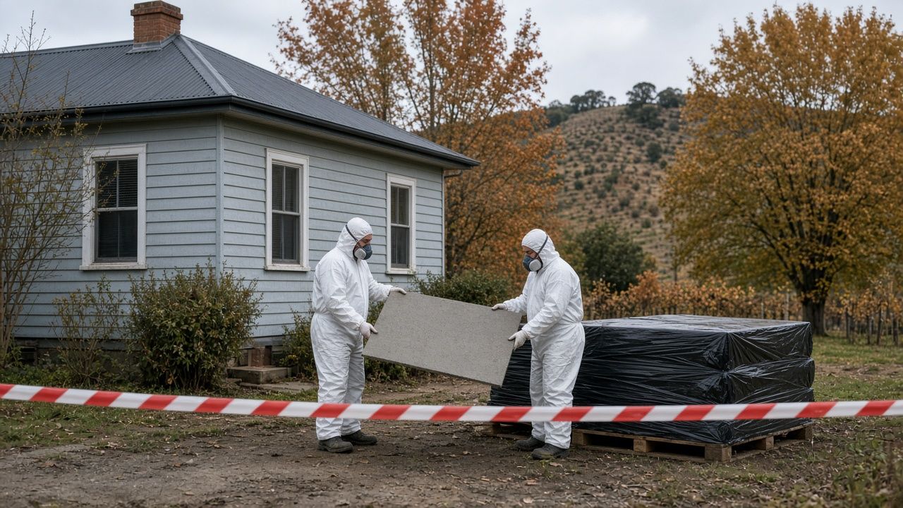 Two workers in full protective suits and masks lowering an intact fibro sheet, with autumn trees and a vineyard hill behind