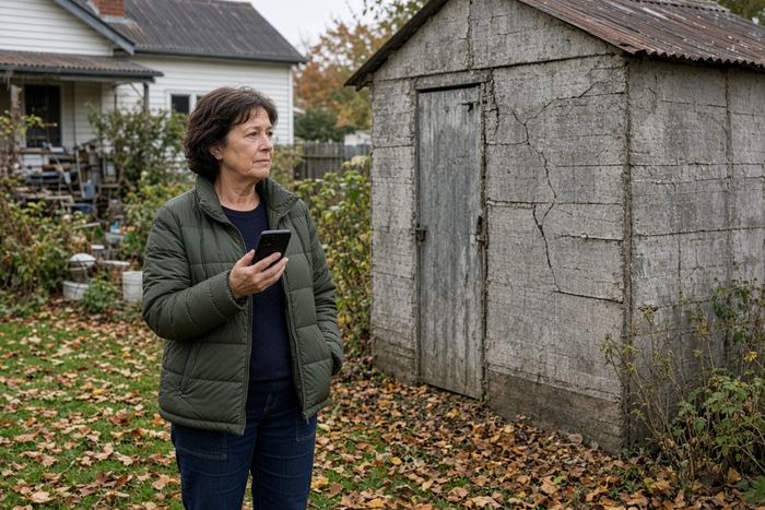 Homeowner standing near an old fibro shed in his backyard