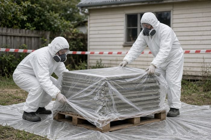 Wrapped asbestos sheets stacked on a pallet
